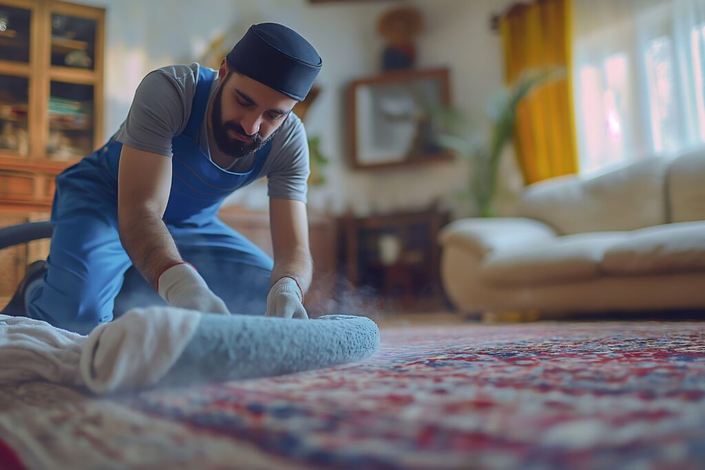 Man cleaning a carpet with a roller brush indoors.