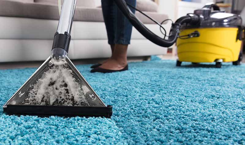 Person vacuuming a blue carpet with a carpet cleaner.