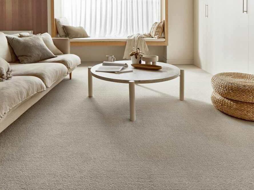 Cozy living room with beige carpet and modern furniture.